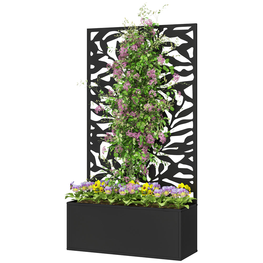 Jardinière avec treillis, brise-vue paravent, jardinière extérieure métal sur pieds ou murale, motifs de feuilles pleines, bac à fleurs rectangulaire balcon terrasse patio, 61x23x113 cm, noir