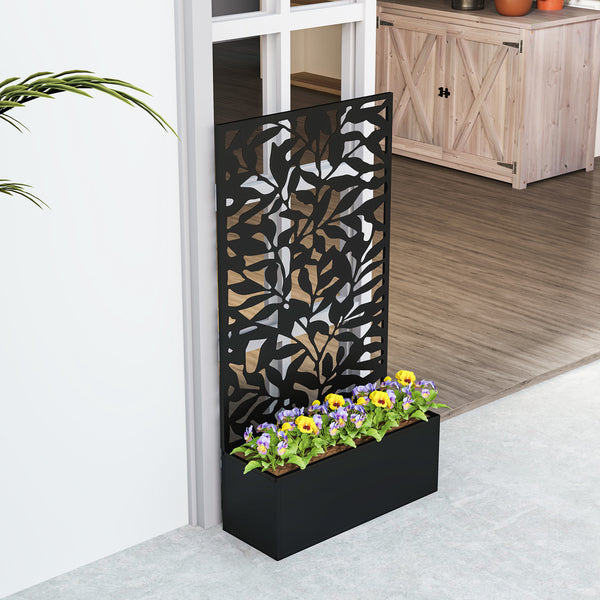Jardinière avec treillis, brise-vue paravent, jardinière extérieure métal sur pieds ou murale, motifs de feuilles pleines, bac à fleurs rectangulaire balcon terrasse patio, 61x23x113 cm, noir