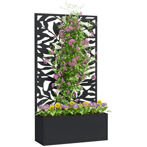 Jardinière avec treillis, brise-vue paravent, jardinière extérieure métal sur pieds ou murale, motifs de feuilles pleines, bac à fleurs rectangulaire balcon terrasse patio, 61x23x113 cm, noir