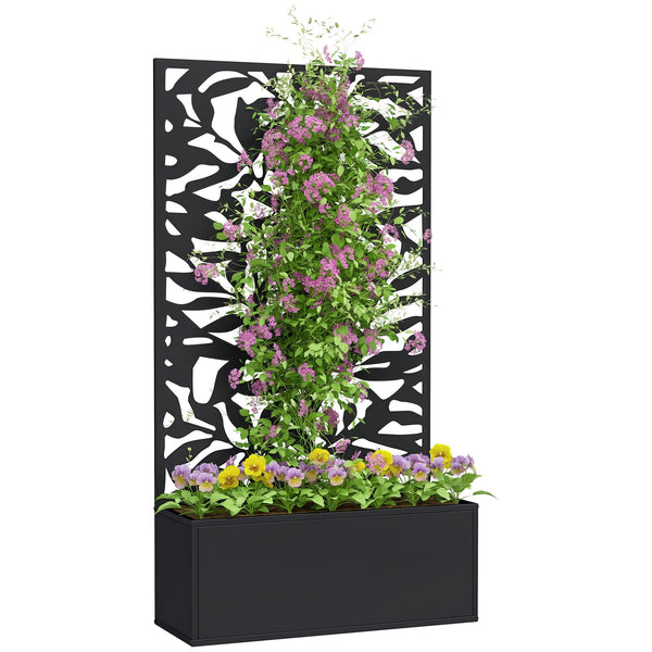 Jardinière avec treillis, brise-vue paravent, jardinière extérieure métal sur pieds ou murale, motifs de feuilles pleines, bac à fleurs rectangulaire balcon terrasse patio, 61x23x113 cm, noir