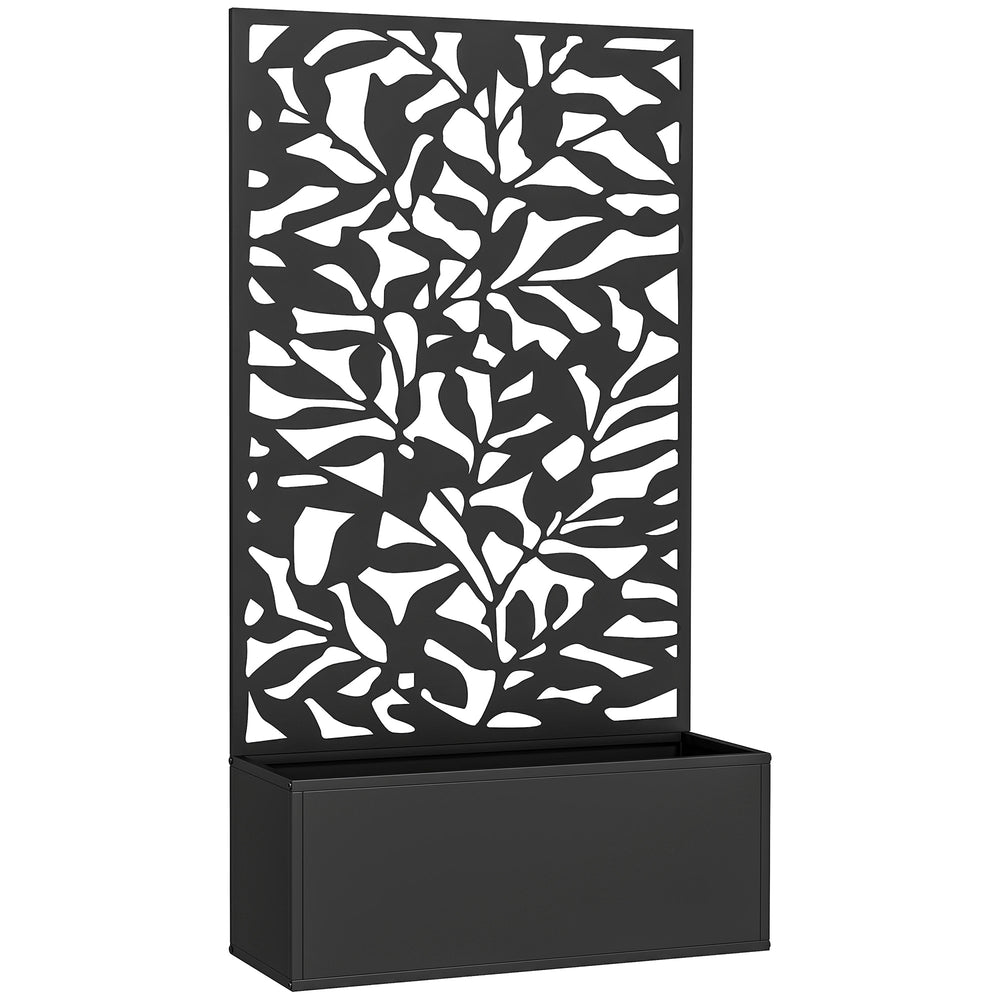 Jardinière avec treillis, brise-vue paravent, jardinière extérieure métal sur pieds ou murale, motifs de feuilles pleines, bac à fleurs rectangulaire balcon terrasse patio, 61x23x113 cm, noir