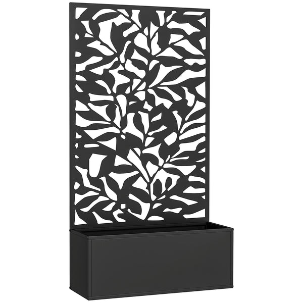 Jardinière avec treillis, brise-vue paravent, jardinière extérieure métal sur pieds ou murale, motifs de feuilles pleines, bac à fleurs rectangulaire balcon terrasse patio, 61x23x113 cm, noir
