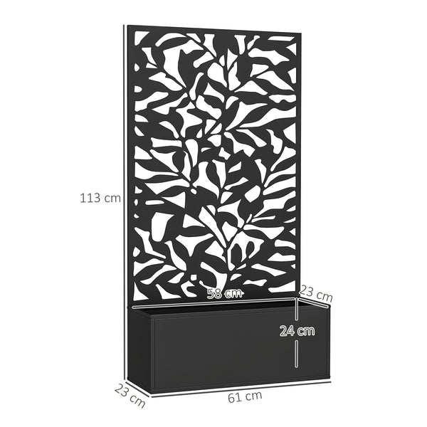 Jardinière avec treillis, brise-vue paravent, jardinière extérieure métal sur pieds ou murale, motifs de feuilles pleines, bac à fleurs rectangulaire balcon terrasse patio, 61x23x113 cm, noir