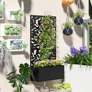 Jardinière avec treillis, brise-vue paravent, jardinière extérieure métal sur pieds ou murale, motifs de feuilles pleines, bac à fleurs rectangulaire balcon terrasse patio, 61x23x113 cm, noir