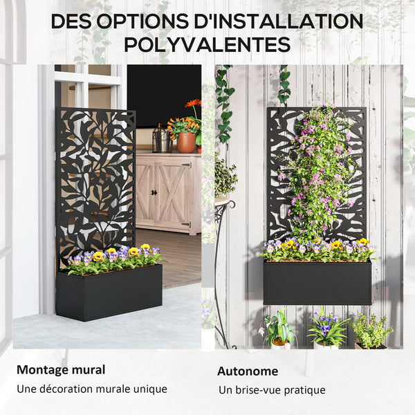 Jardinière avec treillis, brise-vue paravent, jardinière extérieure métal sur pieds ou murale, motifs de feuilles pleines, bac à fleurs rectangulaire balcon terrasse patio, 61x23x113 cm, noir