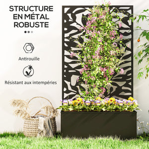 Jardinière avec treillis, brise-vue paravent, jardinière extérieure métal sur pieds ou murale, motifs de feuilles pleines, bac à fleurs rectangulaire balcon terrasse patio, 61x23x113 cm, noir