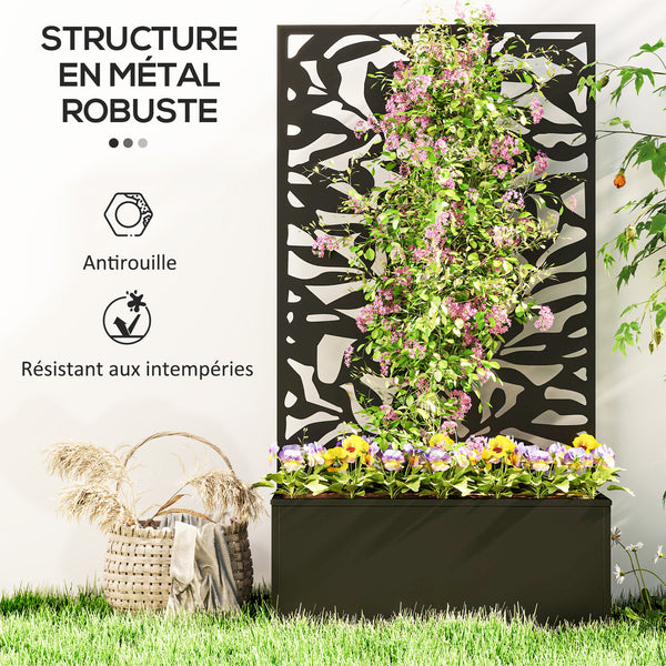 Jardinière avec treillis, brise-vue paravent, jardinière extérieure métal sur pieds ou murale, motifs de feuilles pleines, bac à fleurs rectangulaire balcon terrasse patio, 61x23x113 cm, noir