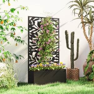 Jardinière avec treillis, brise-vue paravent, jardinière extérieure métal sur pieds ou murale, motifs de feuilles pleines, bac à fleurs rectangulaire balcon terrasse patio, 61x23x113 cm, noir