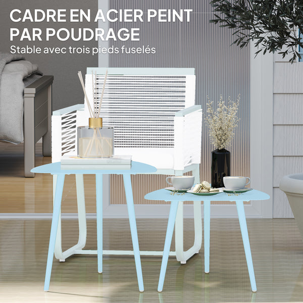 Lot de 2 tables basses de jardin, tables d'appoint gigognes triangulaires, cadre en acier, avec patins ajustables pour balcon, patio, jardin, bleu clair