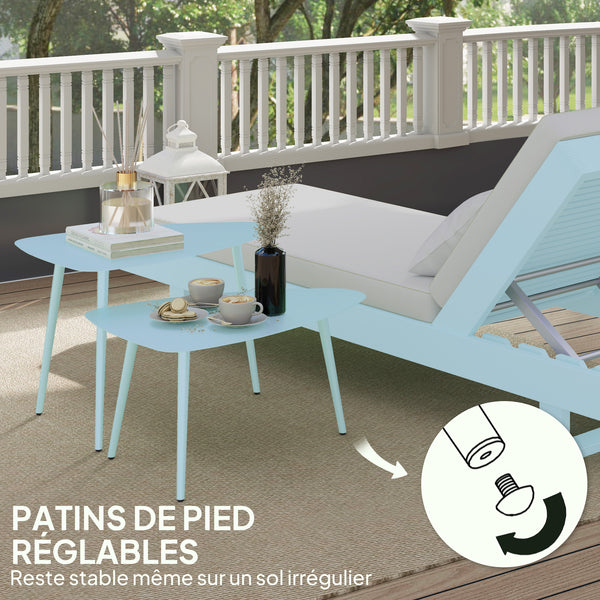 Lot de 2 tables basses de jardin, tables d'appoint gigognes triangulaires, cadre en acier, avec patins ajustables pour balcon, patio, jardin, bleu clair