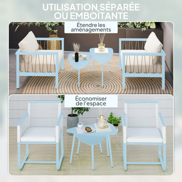 Lot de 2 tables basses de jardin, tables d'appoint gigognes triangulaires, cadre en acier, avec patins ajustables pour balcon, patio, jardin, bleu clair