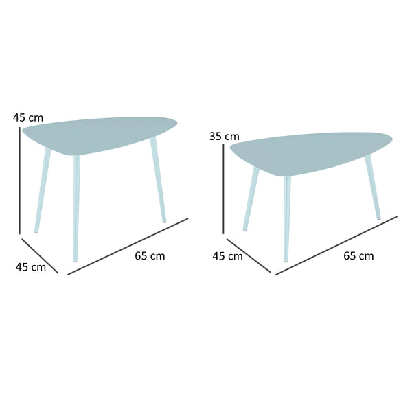 Lot de 2 tables basses de jardin, tables d'appoint gigognes triangulaires, cadre en acier, avec patins ajustables pour balcon, patio, jardin, bleu clair