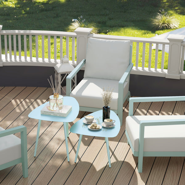 Lot de 2 tables basses de jardin, tables d'appoint gigognes triangulaires, cadre en acier, avec patins ajustables pour balcon, patio, jardin, bleu clair