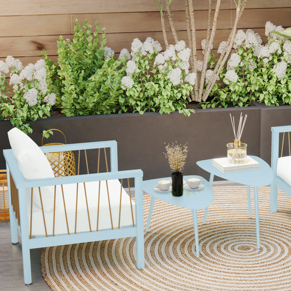 Lot de 2 tables basses de jardin, tables d'appoint gigognes triangulaires, cadre en acier, avec patins ajustables pour balcon, patio, jardin, bleu clair