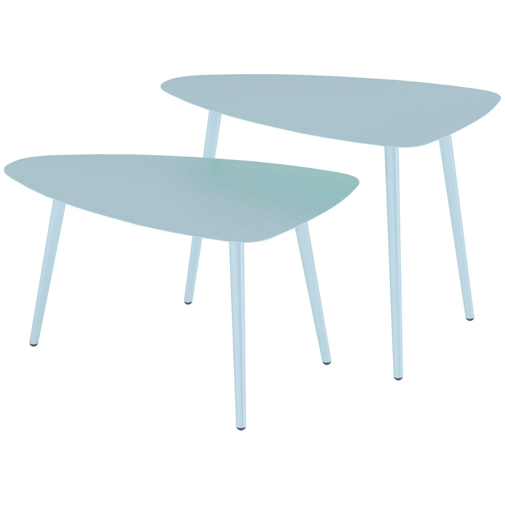 Lot de 2 tables basses de jardin, tables d'appoint gigognes triangulaires, cadre en acier, avec patins ajustables pour balcon, patio, jardin, bleu clair