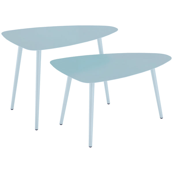 Lot de 2 tables basses de jardin, tables d'appoint gigognes triangulaires, cadre en acier, avec patins ajustables pour balcon, patio, jardin, bleu clair