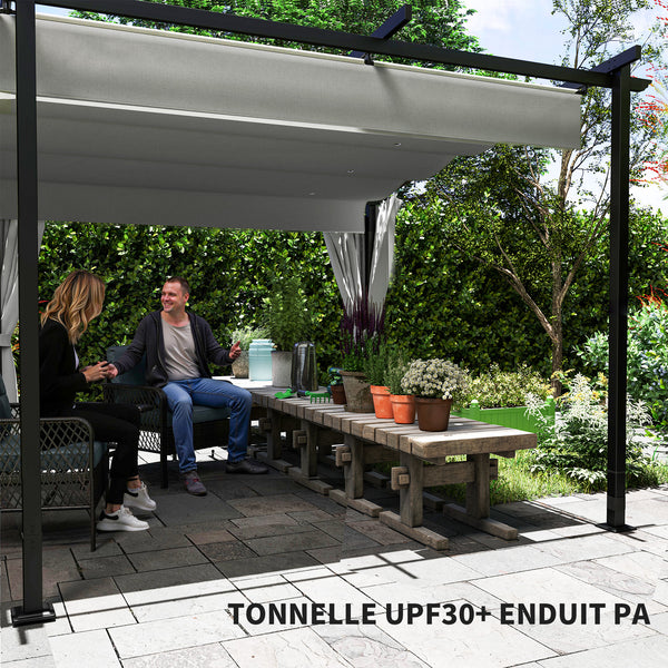 Pergola jardin exterieur 3 x 6 m pergola coulissante rétractable avec parois latérales, tonnelle de jardin, polyester haute densité 180g/m², abri soleil UPF30+, pour terrasse, patio, gris
