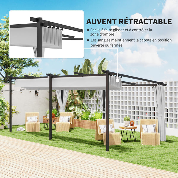 Pergola jardin exterieur 3 x 6 m pergola coulissante rétractable avec parois latérales, tonnelle de jardin, polyester haute densité 180g/m², abri soleil UPF30+, pour terrasse, patio, gris