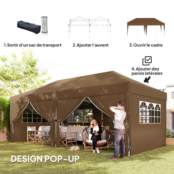Tonnelle de jardin exterieur tonnelle pliante 3 x 6 m pop-up avec 6 parois latérales, trous de drainage, sac de transport inclus, barnum pliant pour camping festival mariage, café