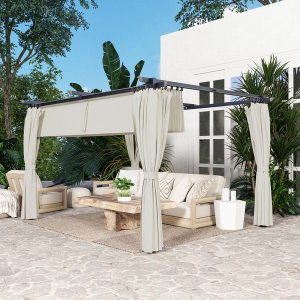 Pergola 3 x 3 m avec Auvent Rétractable et Rideaux, Tonnelle Extérieure UPF30+ pour Jardin, Patio, Terrasse, Crème