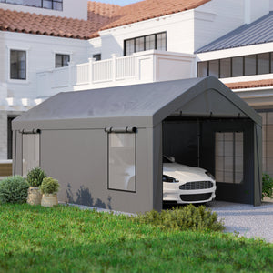 Carport tente de garage 3 x 6 m abri voiture extérieur tente de stockage avec parois latérales amovibles, 2 portes enroulables et 4 fenêtres, carport pour voiture, camion, bateau, gris foncé