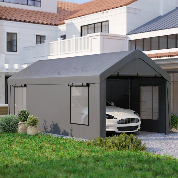 Carport tente de garage 3 x 6 m abri voiture extérieur tente de stockage avec parois latérales amovibles, 2 portes enroulables et 4 fenêtres, carport pour voiture, camion, bateau, gris foncé