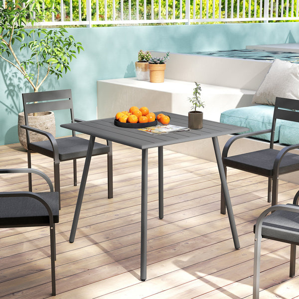 Table à manger de jardin pour 4 personnes, table de jardin avec plateau à lattes rectangulaire en acier anti-rouille, pour patio, terrasse, balcon, 80 x 80 x 74 cm, gris