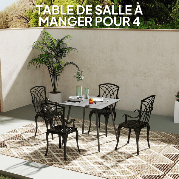 Table à manger de jardin pour 4 personnes, table de jardin avec plateau à lattes rectangulaire en acier anti-rouille, pour patio, terrasse, balcon, 80 x 80 x 74 cm, gris
