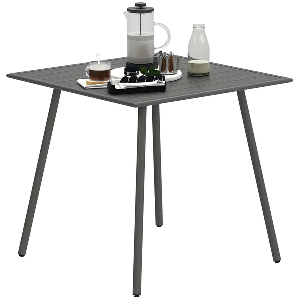 Table à manger de jardin pour 4 personnes, table de jardin avec plateau à lattes rectangulaire en acier anti-rouille, pour patio, terrasse, balcon, 80 x 80 x 74 cm, gris