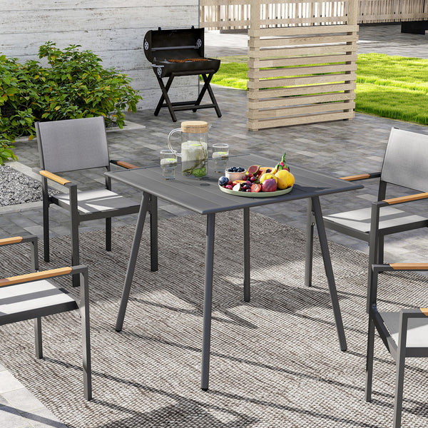 Table à manger de jardin pour 4 personnes, table de jardin avec plateau à lattes rectangulaire en acier anti-rouille, pour patio, terrasse, balcon, 80 x 80 x 74 cm, gris
