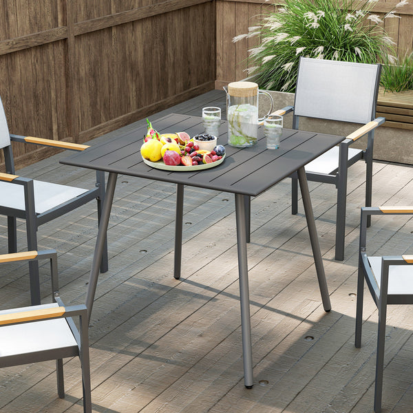 Table à manger de jardin pour 4 personnes, table de jardin avec plateau à lattes rectangulaire en acier anti-rouille, pour patio, terrasse, balcon, 80 x 80 x 74 cm, gris