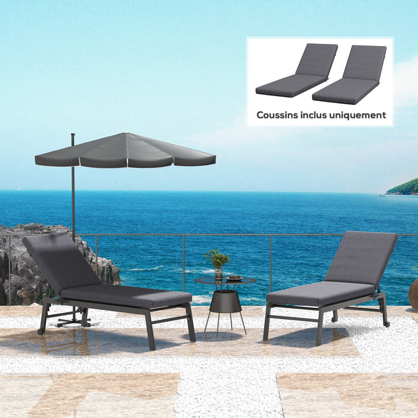 Lot de 2 Matelas pour Chaise Longue transat Bain de Soleil avec Sangles d'attache pour Jardin dim. 190,5L x 58,4l x 7H cm Gris