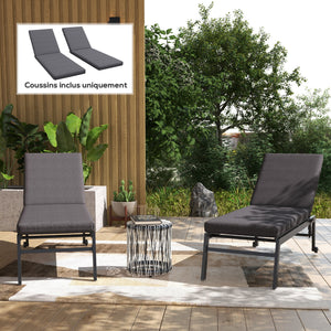 Lot de 2 Matelas pour Chaise Longue transat Bain de Soleil avec Sangles d'attache pour Jardin dim. 190,5L x 58,4l x 7H cm Gris