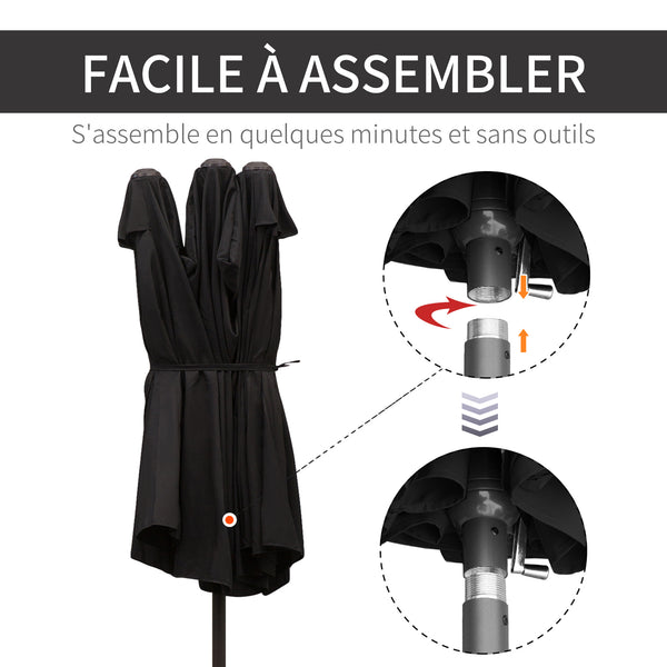 Parasol de jardin exterieur parasol double rectangulaire 4,6L x 2,7l x 2,4H m avec ouverture fermeture manivelle, cadre en acier, toile 180 g/m², parasol pour balcon, piscine, noir