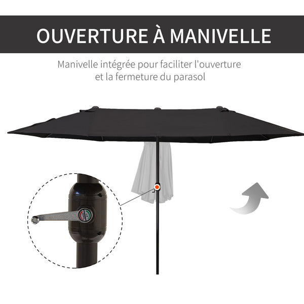 Parasol de jardin exterieur parasol double rectangulaire 4,6L x 2,7l x 2,4H m avec ouverture fermeture manivelle, cadre en acier, toile 180 g/m², parasol pour balcon, piscine, noir
