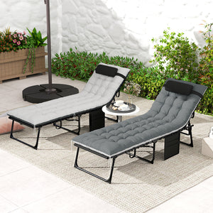 Lot de 2 bain de soleil, chaise longue pliante en textilène, transat jardin extérieur inclinable, coussin, appui-tête, poche latérale, pour patio, piscine, terrasse, 60x190x31cm, gris et noir