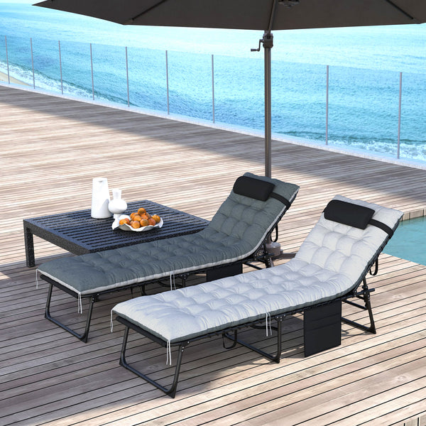Lot de 2 bain de soleil, chaise longue pliante en textilène, transat jardin extérieur inclinable, coussin, appui-tête, poche latérale, pour patio, piscine, terrasse, 60x190x31cm, gris et noir