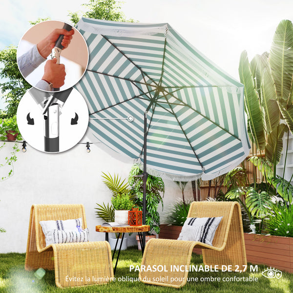 Parasol de jardin extérieur parasol inclinable rond Ø2,7 x 2,4 m parasol droit avec ouverture fermeture manivelle, franges, toile 180 g/m² protection UPF 30+, pour balcon, terrasse, bleu