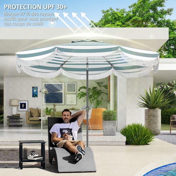 Parasol de jardin extérieur parasol inclinable rond Ø2,7 x 2,4 m parasol droit avec ouverture fermeture manivelle, franges, toile 180 g/m² protection UPF 30+, pour balcon, terrasse, bleu