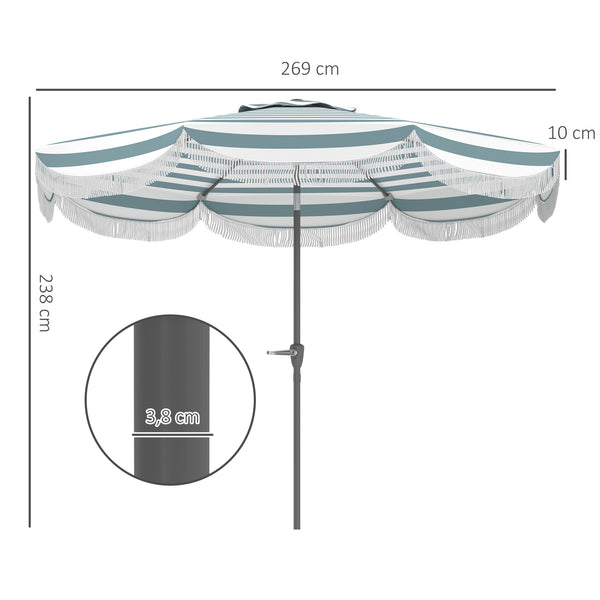 Parasol de jardin extérieur parasol inclinable rond Ø2,7 x 2,4 m parasol droit avec ouverture fermeture manivelle, franges, toile 180 g/m² protection UPF 30+, pour balcon, terrasse, bleu