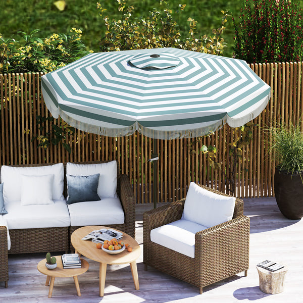 Parasol de jardin extérieur parasol inclinable rond Ø2,7 x 2,4 m parasol droit avec ouverture fermeture manivelle, franges, toile 180 g/m² protection UPF 30+, pour balcon, terrasse, bleu