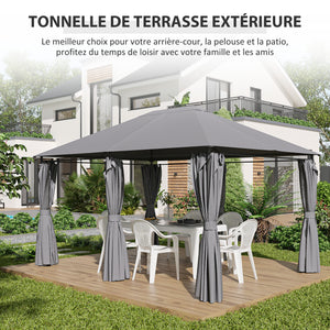 Tonnelle de jardin barnum pavillon style colonial double-toit toiles latérales amovibles 4L x 3l x 2,72H m gris