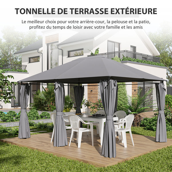 Tonnelle de jardin barnum pavillon style colonial double-toit toiles latérales amovibles 4L x 3l x 2,72H m gris