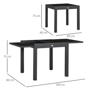 Table extensible de jardin grande taille dim. dépliées 160 x 80 x 75 cm foncé plateau verre trempé noir aluminium gris