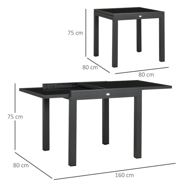 Table extensible de jardin grande taille dim. dépliées 160 x 80 x 75 cm foncé plateau verre trempé noir aluminium gris