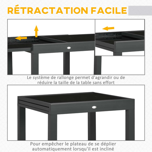 Table extensible de jardin grande taille dim. dépliées 160 x 80 x 75 cm foncé plateau verre trempé noir aluminium gris