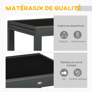 Table extensible de jardin grande taille dim. dépliées 160 x 80 x 75 cm foncé plateau verre trempé noir aluminium gris