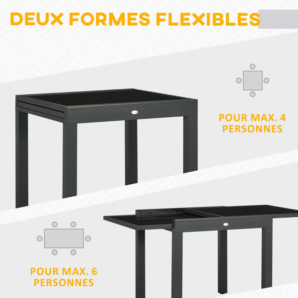 Table extensible de jardin grande taille dim. dépliées 160 x 80 x 75 cm foncé plateau verre trempé noir aluminium gris