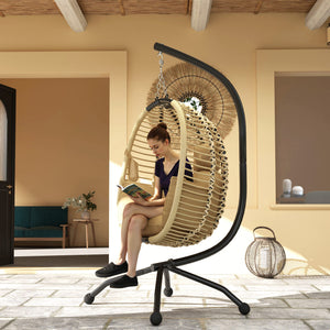 Fauteuil œuf Suspendu balancelle Pliante avec Coussin et Support Usage intérieur extérieur métal corde en polypropylène dim. 110L x 100l x 188H cm beige