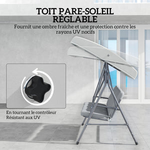 Balancelle de Jardin 3 Places Grand Confort Toit Inclinaison réglable épais Coussins Amovibles Polyester Acier époxy gris clair